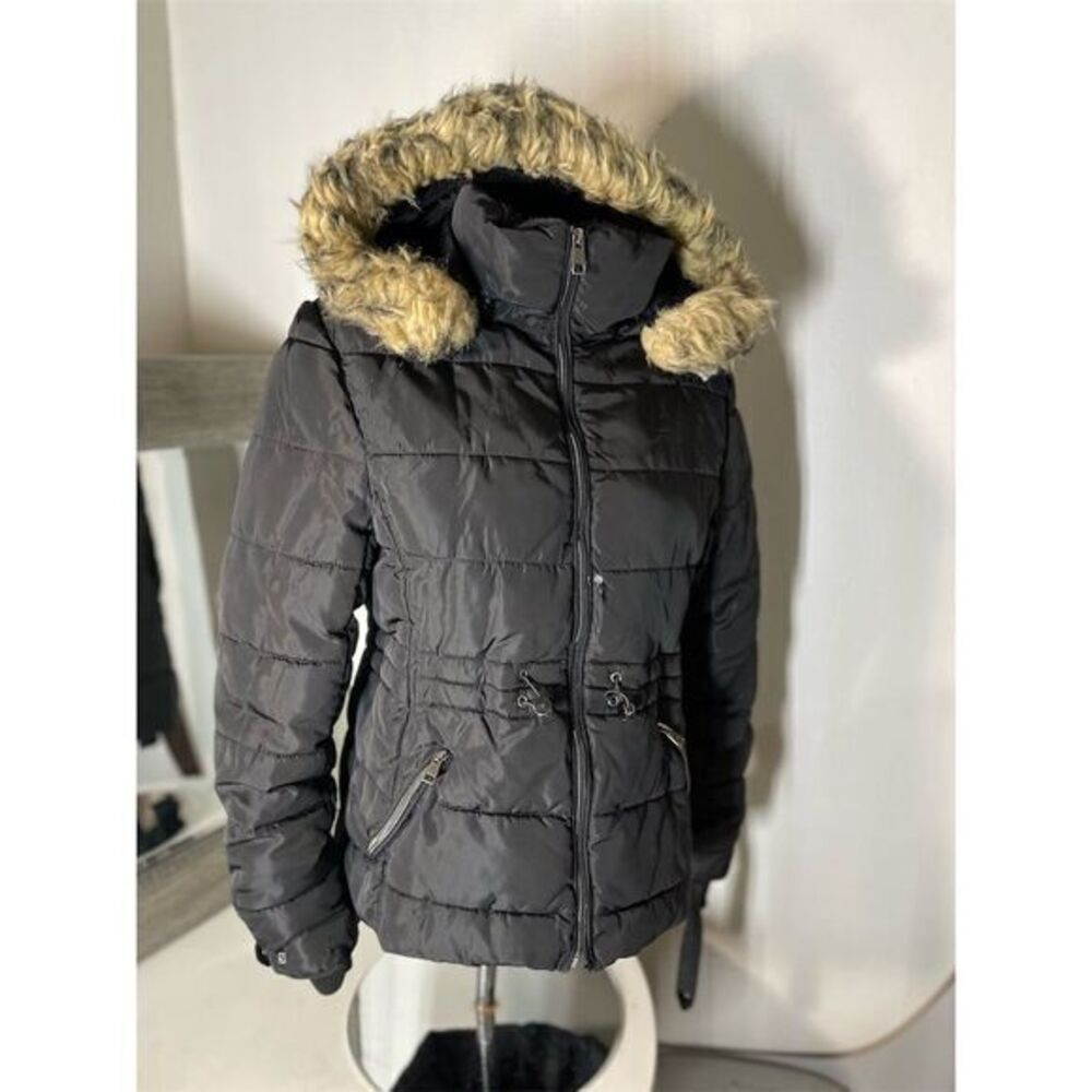 Special One Women's Black Puffer Jacket M Faux Fur Hood Winter Casual